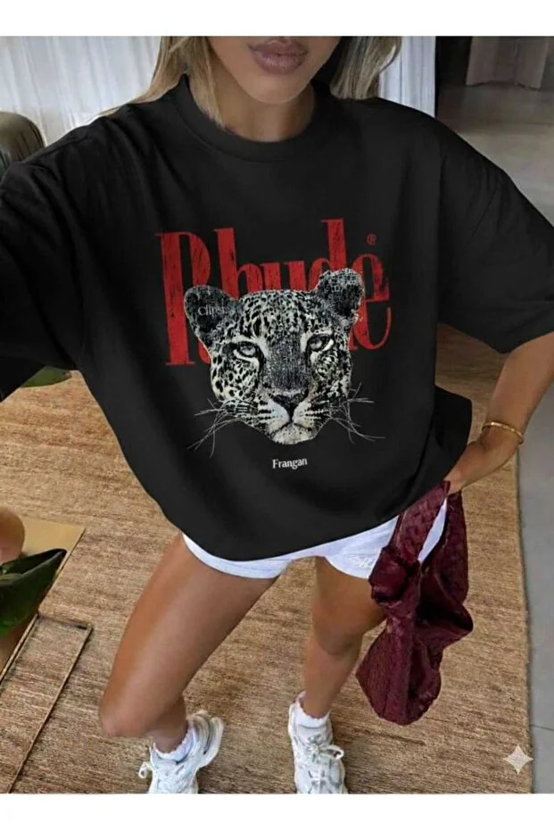 Unısex Erkek/Kadın LEOPAR Özel Baskılı Oversize Pamuklu Bisiklet Yaka T-Shirt